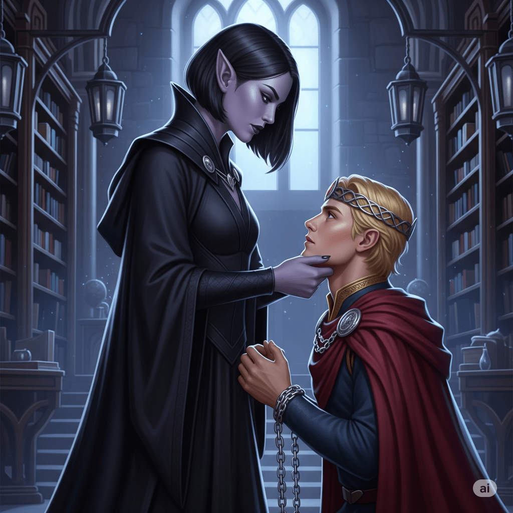 A dark elf woman gazes intensely at a kneeling young man in a regal outfit, set in a library with shelves of books in the background. The elf has striking features and is dressed in dark clothing, while the man, who wears a crown, appears captivated and slightly submissive.